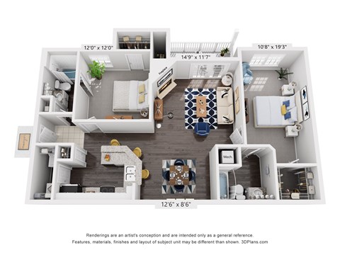 A 3D floor plan of a small apartment with a kitchen, living room, and bedroom.